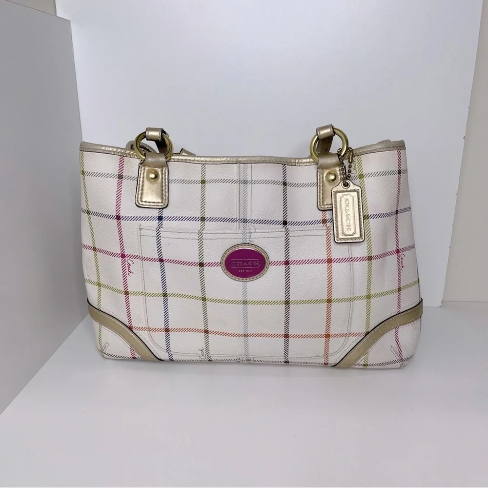 Coach F19176 Peyton Tattersall Plaid Satchel Tote Coated Canvas Ivory Multi H013